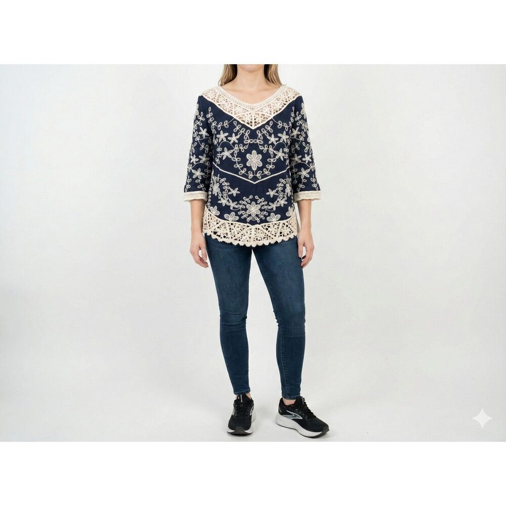 Solitaire Navy Blue Crochet Lace Peasant Top Blouse Size L Cottagecore Feminine